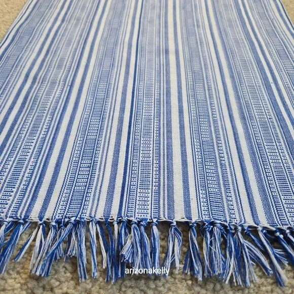 Cotton Linen Woven Scarf Blue & White - Picture 10 of 14